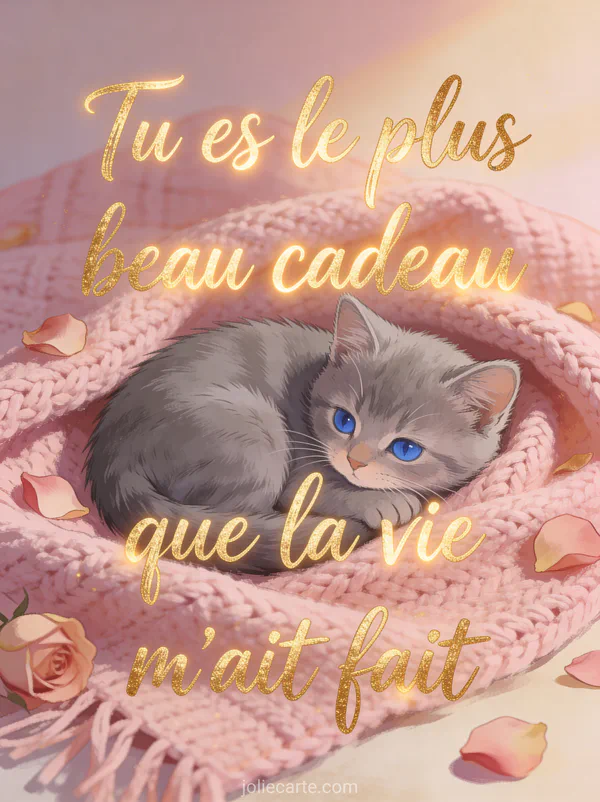Chaton gris aux yeux bleus blotti dans un plaid rose avec pétales de roses et le texte Tu es le plus beau cadeau que la vie m'ait fait