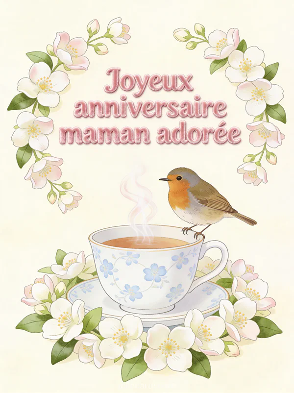 Illustration d'un rouge-gorge posé sur une tasse de thé fumante entourée de jasmin avec le texte Joyeux anniversaire maman adorée