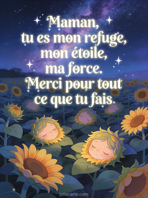 Ciel étoilé avec voie lactée au-dessus d'un champ de tournesols et le texte Maman tu es mon refuge mon étoile ma force