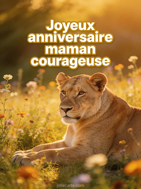 Lionne au regard doux couchée dans une prairie de fleurs sauvages au coucher du soleil avec le texte Joyeux anniversaire maman courageuse