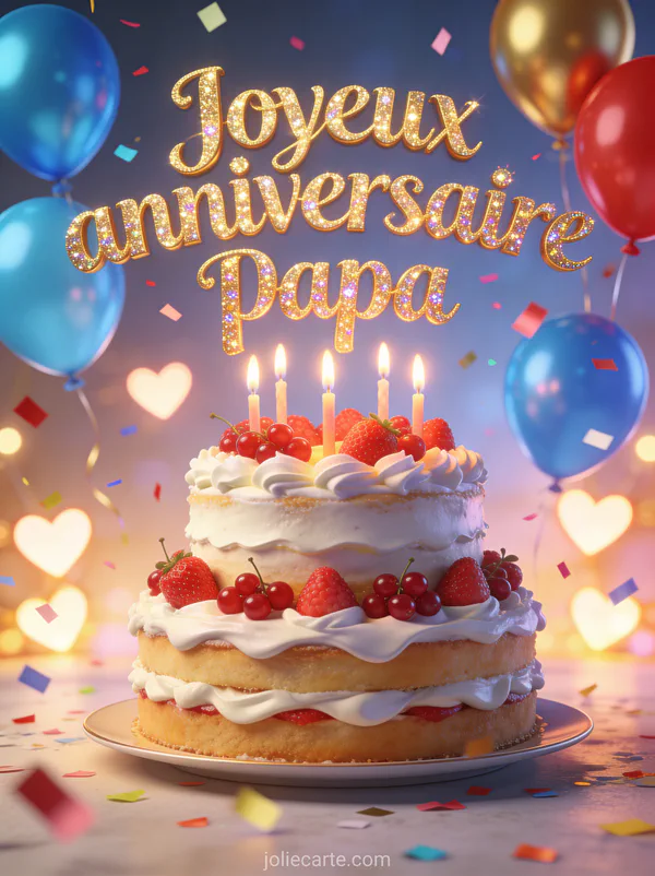 Gâteau d'anniversaire à étages avec bougies allumées ballons colorés et confettis avec le texte Joyeux anniversaire papa