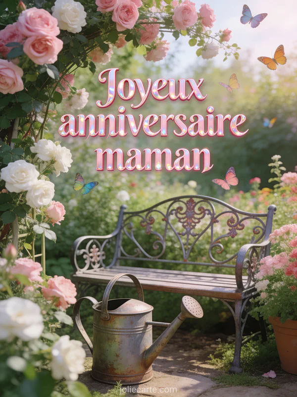 Jardin anglais avec rosier grimpant rose et blanc, banc en fer forgé et papillons avec le texte Joyeux anniversaire maman
