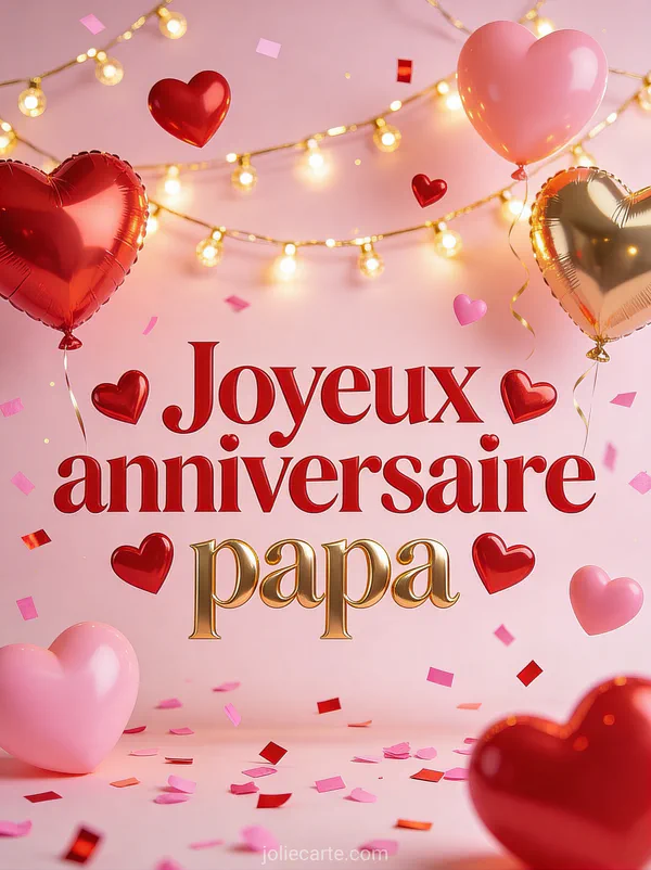 Cœurs rouges et roses flottants avec ballons en forme de cœur guirlandes dorées et le texte Joyeux anniversaire papa