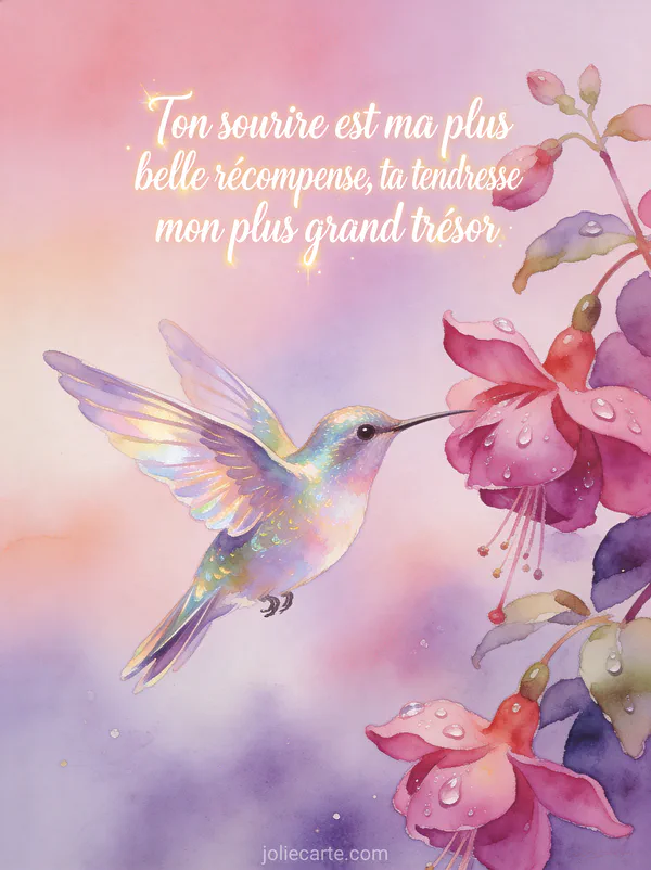 Illustration aquarelle d'un colibri irisé butinant des fleurs de fuchsia avec le texte Ton sourire est ma plus belle récompense