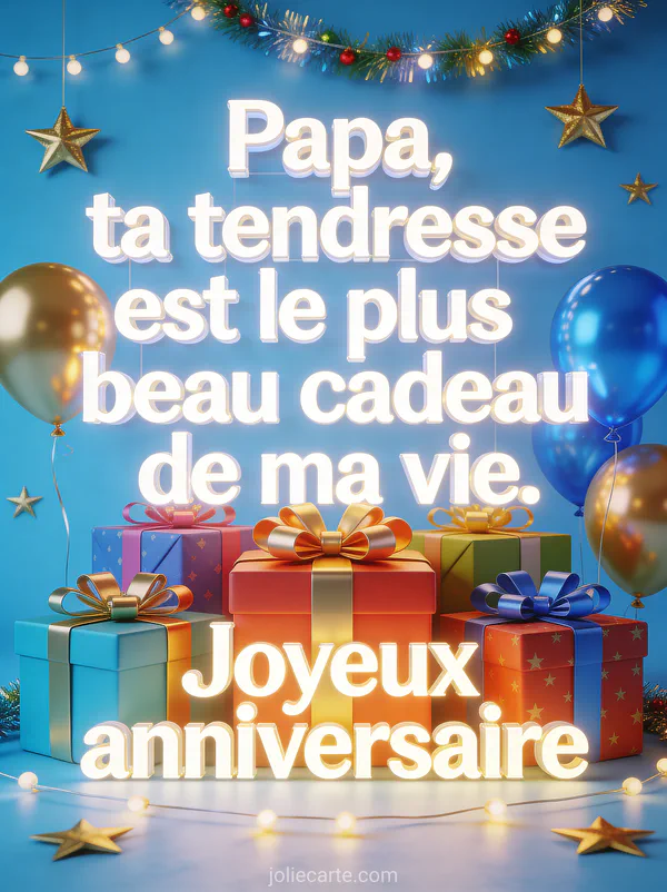 Cadeaux emballés colorés empilés avec ballons dorés et bleus guirlandes festives et le texte Papa ta tendresse est le plus beau cadeau