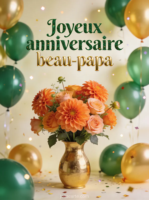 Bouquet de dahlias oranges et roses dans un vase doré avec ballons verts et dorés et confettis scintillants