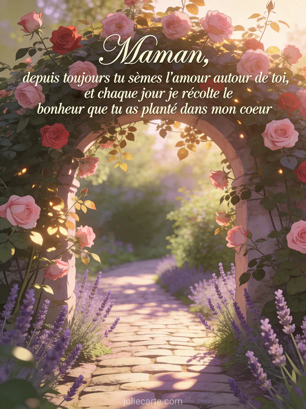 Jardin secret avec arche de roses anciennes et allée bordée de lavande avec le texte Maman depuis toujours tu sèmes l'amour