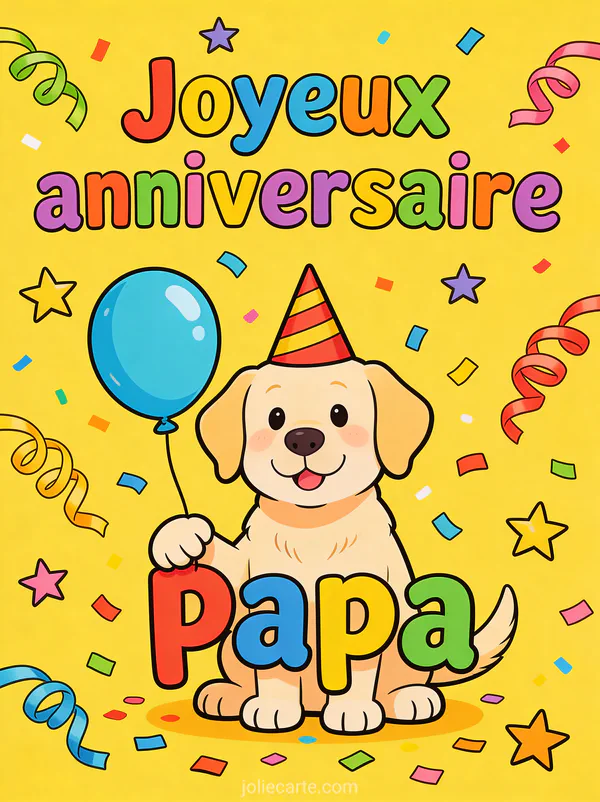 Chien labrador avec chapeau de fête tenant un ballon entouré de confettis sur fond jaune festif