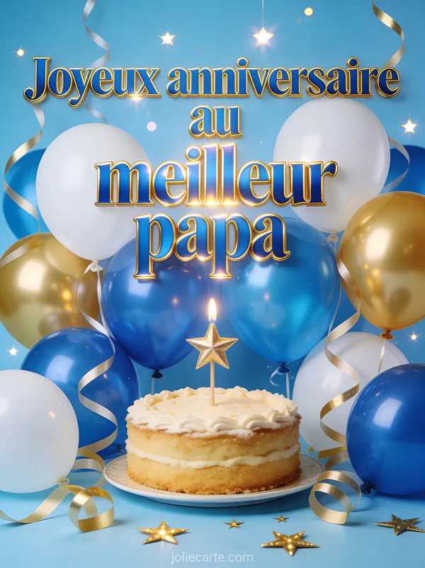 Composition de ballons bleus blancs et dorés avec gâteau d'anniversaire étoiles scintillantes et le texte Joyeux anniversaire au meilleur papa