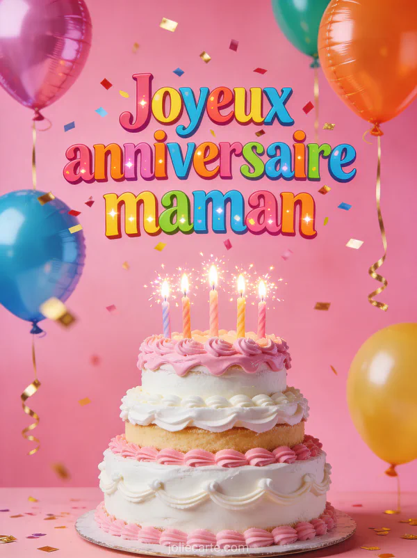Gâteau d'anniversaire à trois étages avec bougies scintillantes, ballons colorés et confettis dorés avec le texte Joyeux anniversaire maman