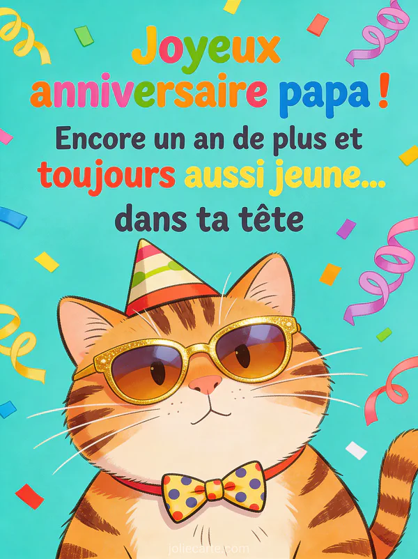 Chat tigré avec lunettes de soleil dorées chapeau de fête et noeud papillon entouré de confettis colorés