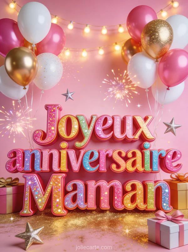 Ballons roses dorés et blancs avec cadeaux emballés, guirlandes lumineuses et le texte Joyeux anniversaire maman