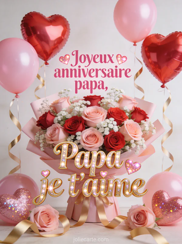 Bouquet de roses roses et rouges avec gypsophiles et ballons en forme de cœur sur fond rose festif