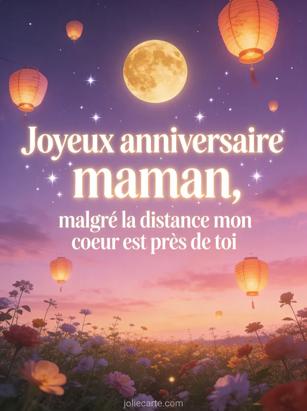 Ciel crépusculaire violet et rose avec lanternes lumineuses flottantes et lune dorée avec le texte Joyeux anniversaire maman