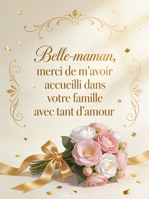 Illustration d'un bouquet de camélias roses et blancs avec ruban satin doré et confettis sur fond crème festif
