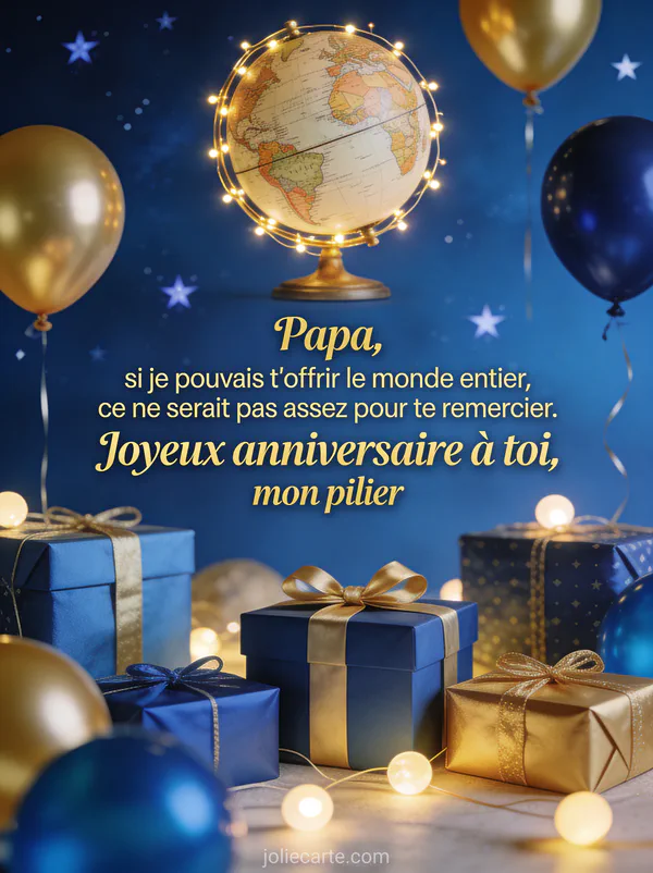 Globe décoratif entouré de guirlandes lumineuses cadeaux bleus et or ballons dorés sur fond étoilé festif