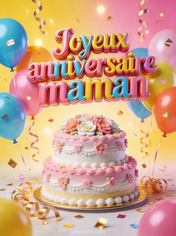 Illustration d'un gâteau d'anniversaire rose avec fleurs en sucre entouré de ballons multicolores et confettis dorés