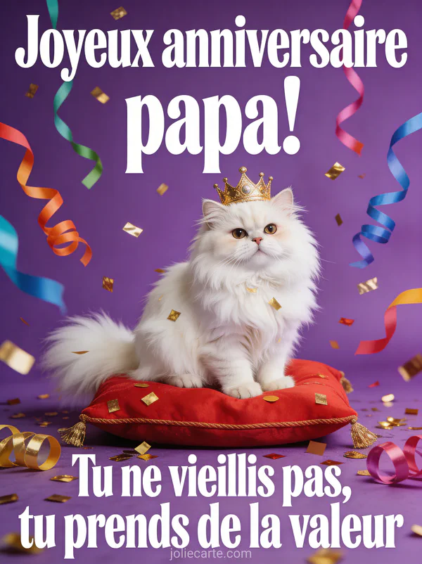 Chat persan blanc avec couronne dorée sur coussin rouge entouré de confettis dorés et serpentins colorés