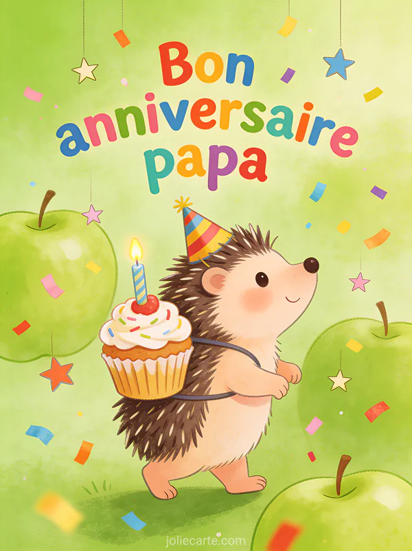 Hérisson adorable avec chapeau de fête portant un cupcake sur son dos entouré de confettis et étoiles colorées