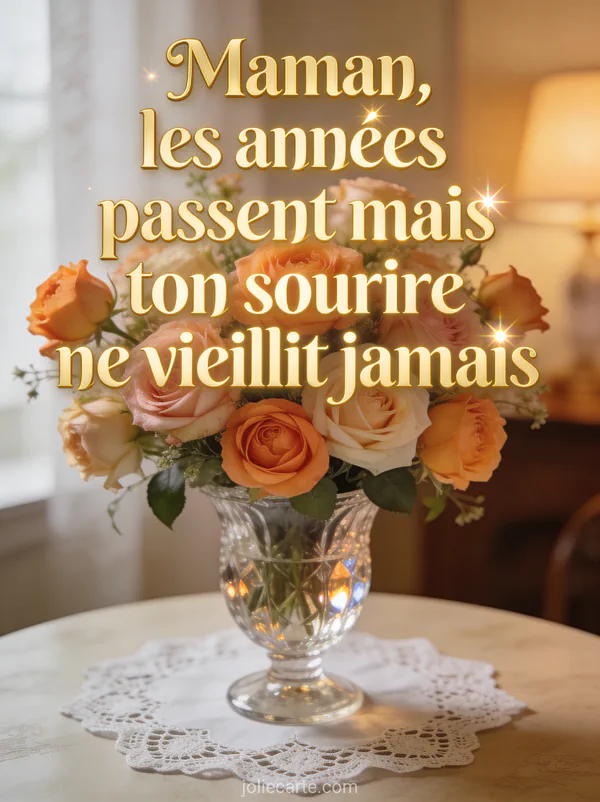 Bouquet de roses anciennes roses et abricot dans un vase en cristal avec dentelle et le texte Les années passent mais ton sourire ne vieillit jamais