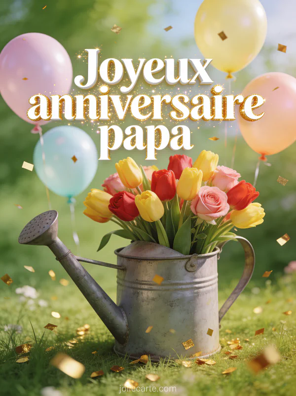 Tulipes multicolores dans un arrosoir vintage en zinc avec ballons pastels et confettis dorés sur fond vert