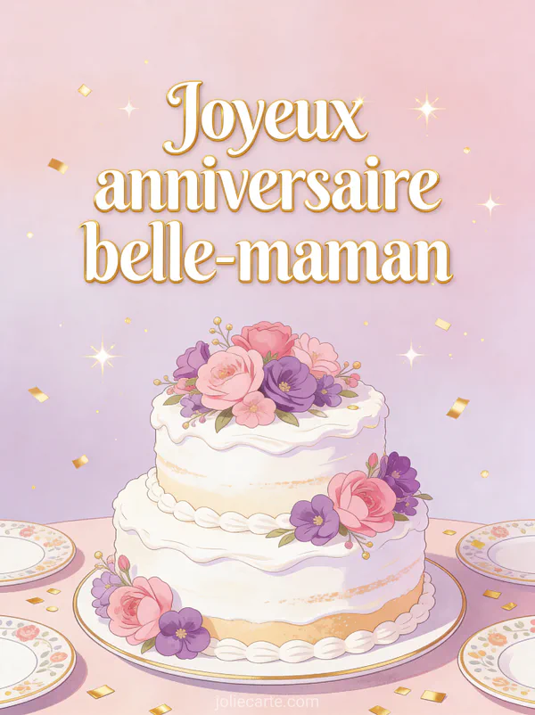Gâteau à deux étages décoré de fleurs roses et violettes avec confettis dorés et le texte Joyeux anniversaire belle-maman