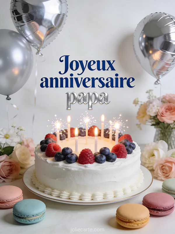 Gâteau d'anniversaire blanc décoré de fruits frais et bougies scintillantes avec macarons et ballons argentés
