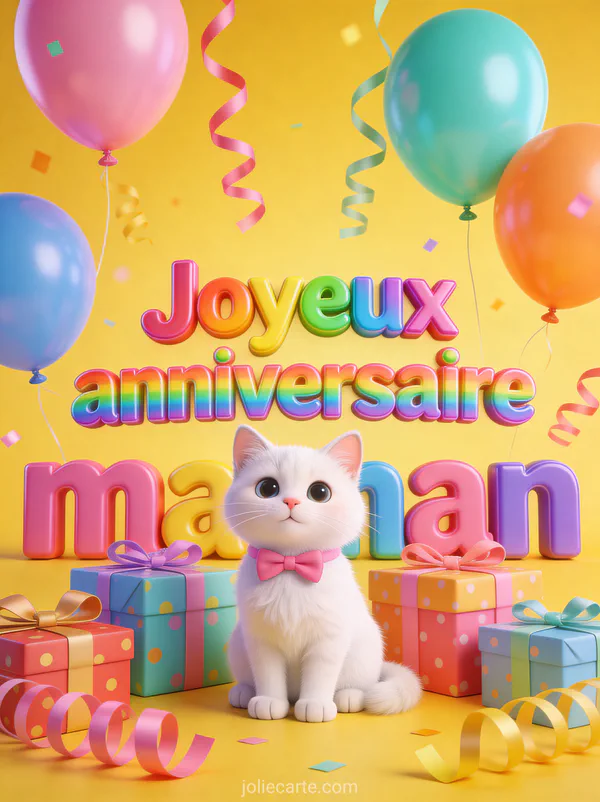 Illustration 3D d'un chaton blanc avec nœud papillon rose au milieu de cadeaux colorés et ballons avec le texte Joyeux anniversaire maman