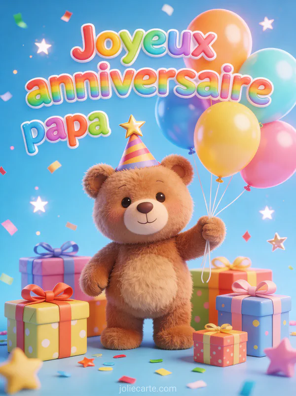 Ourson en peluche avec chapeau de fête tenant des ballons multicolores entouré de cadeaux colorés et confettis