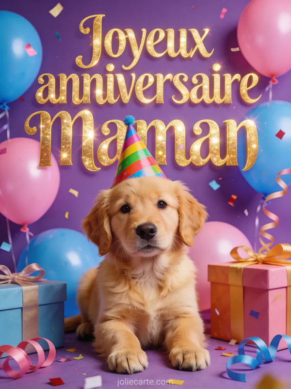 Illustration d'un chiot golden retriever avec chapeau d'anniversaire entouré de ballons cadeaux et confettis avec le texte Joyeux anniversaire maman