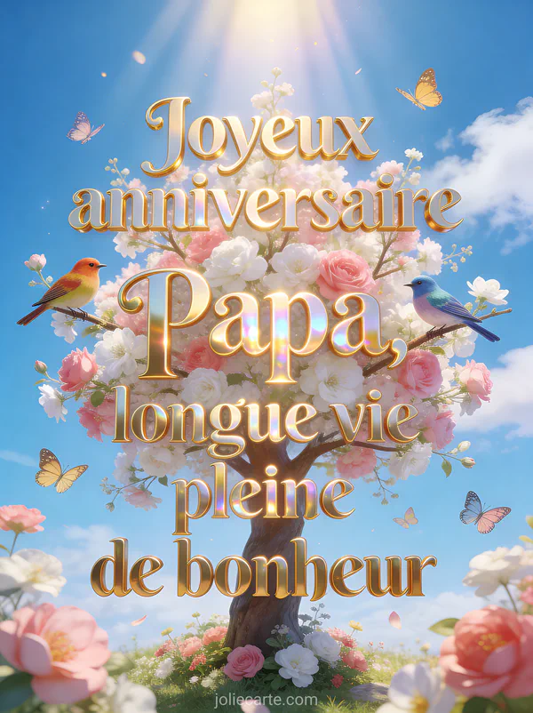 Arbre en fleurs roses et blanches avec oiseaux colorés et papillons dans une lumière dorée rayonnante