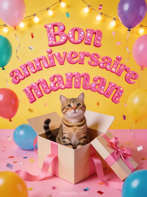 Illustration d'un chat tigré assis dans une boîte cadeau ouverte avec ballons colorés et confettis avec le texte Bon anniversaire maman