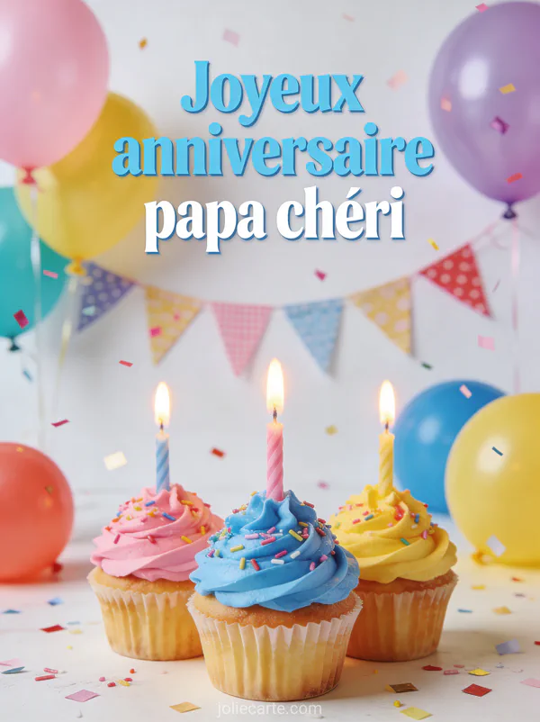 Cupcakes colorés décorés de crème avec bougies ballons multicolores guirlandes de fanions et confettis