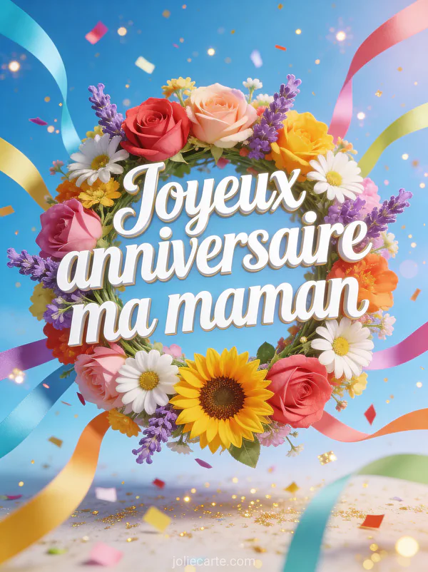 Couronne de roses, tournesols, marguerites et lavande avec rubans colorés sur fond bleu ciel et le texte Joyeux anniversaire ma maman