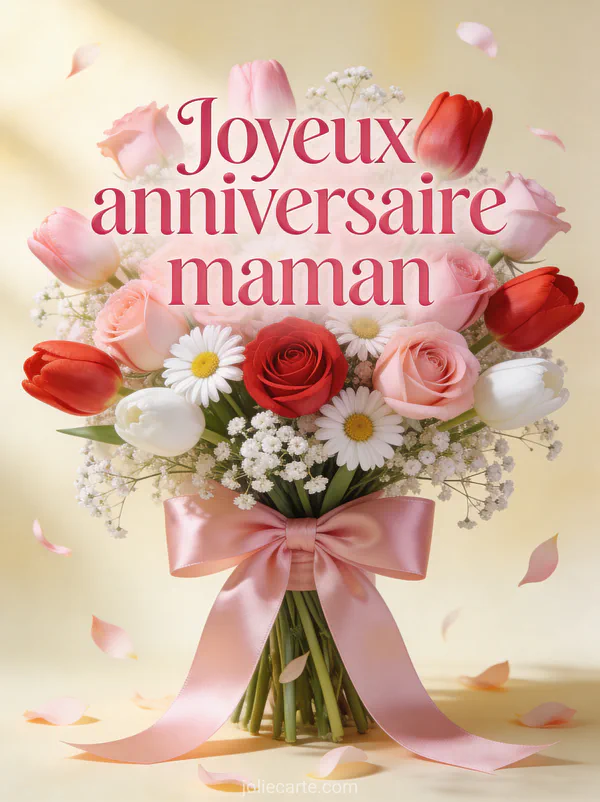 Bouquet de tulipes roses rouges et blanches avec marguerites et gypsophiles noué d'un ruban satin rose avec le texte Joyeux anniversaire maman