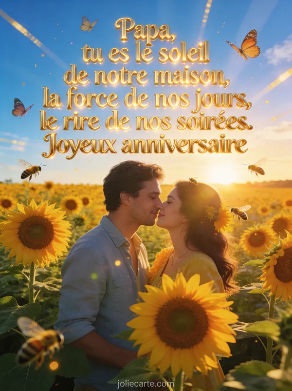 Lever de soleil radieux sur un champ de tournesols avec papillons et rayons dorés