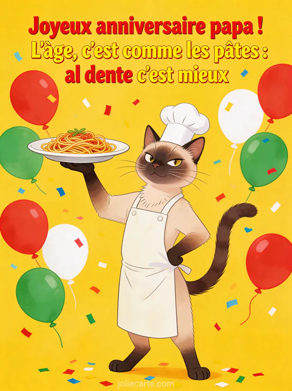 Chat siamois avec tablier de chef et toque tenant un plat de spaghettis entouré de ballons et confettis colorés