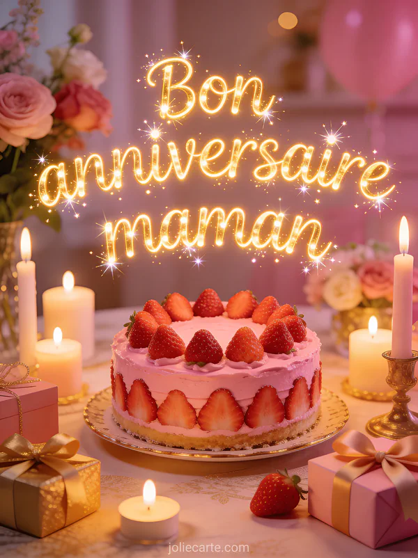 Gâteau d'anniversaire rose aux fraises avec bougies allumées, fleurs et cadeaux emballés sur une table festive