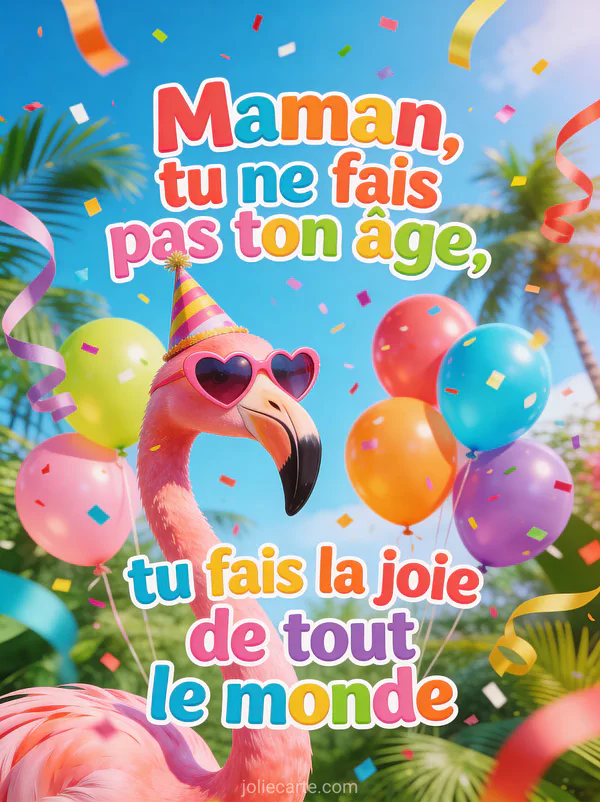 Illustration d'un flamant rose avec lunettes en cœur et chapeau de fête entouré de ballons et confettis avec texte humoristique