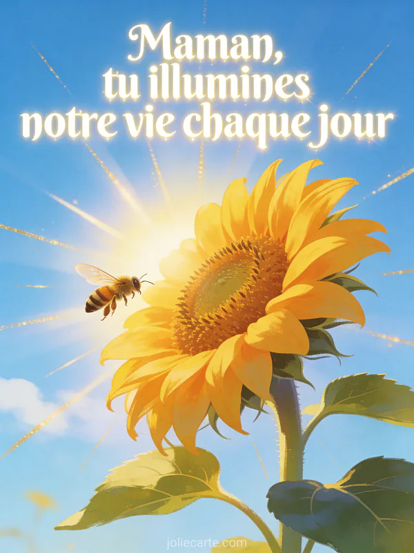 Grand tournesol épanoui avec une abeille sous un ciel bleu vif et le texte Maman tu illumines notre vie chaque jour