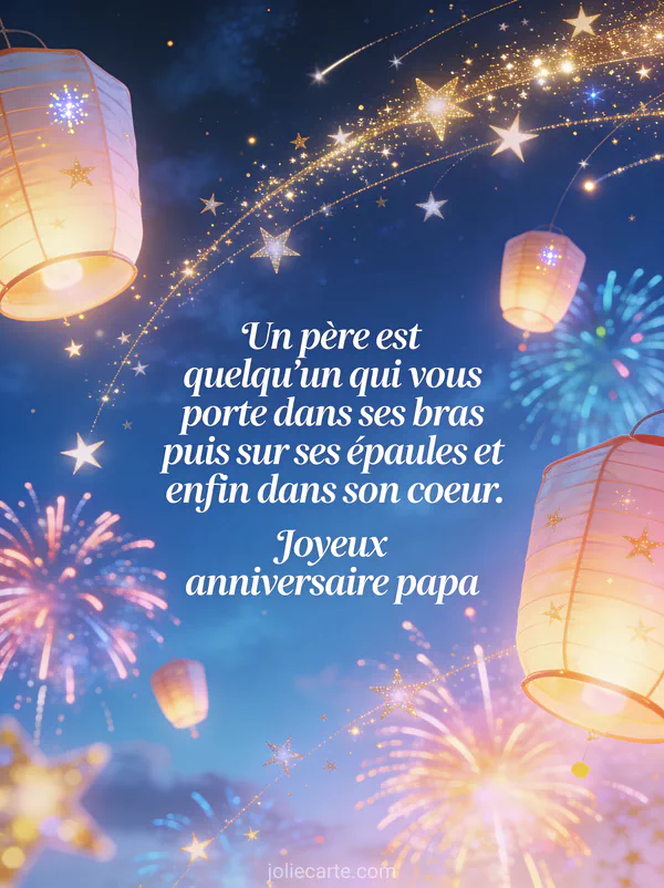 Étoiles filantes dorées et lanternes volantes lumineuses avec feux d'artifice dans un ciel bleu nuit féerique