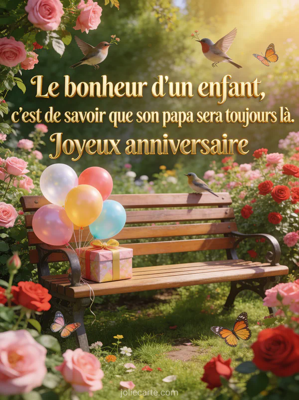 Jardin fleuri printanier avec rosiers en fleurs banc décoré de ballons colorés et cadeau dans la lumière dorée