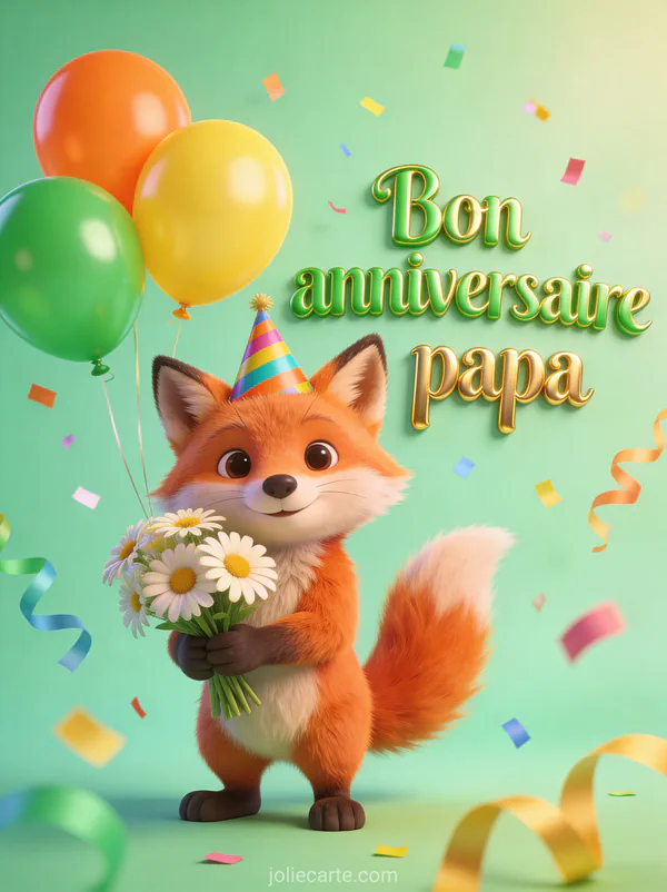 Renard roux avec chapeau de fête tenant des marguerites entouré de ballons colorés et confettis sur fond vert menthe