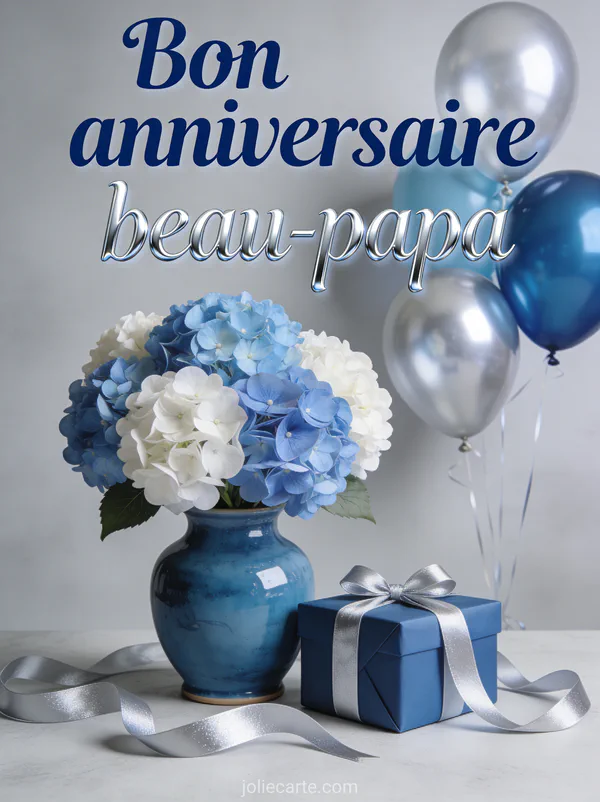 Bouquet d'hortensias bleus et blancs dans un vase en céramique avec ballons argentés et cadeau bleu sur fond lumineux