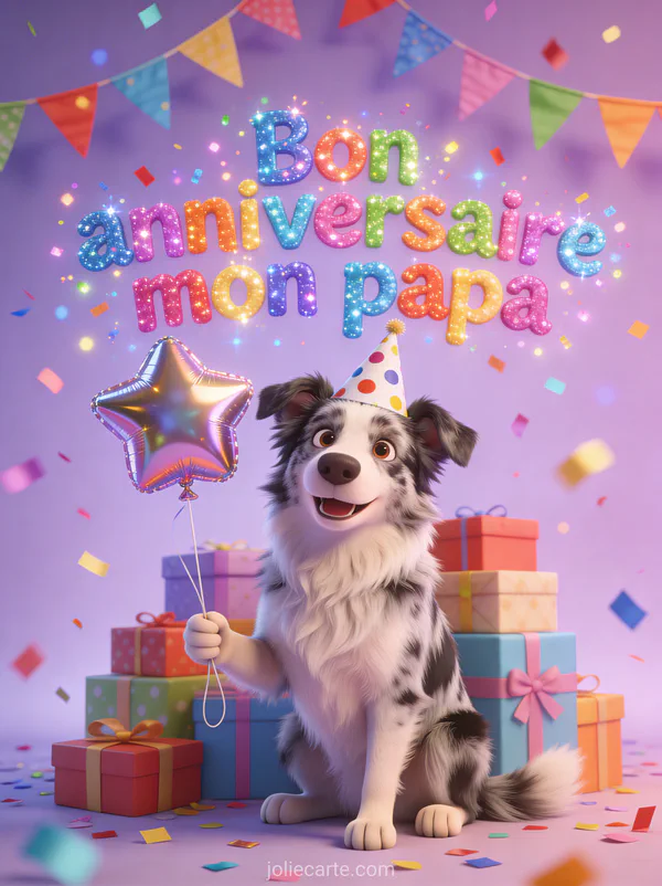 Chien berger australien avec chapeau de fête tenant un ballon étoile entouré de cadeaux guirlandes et confettis