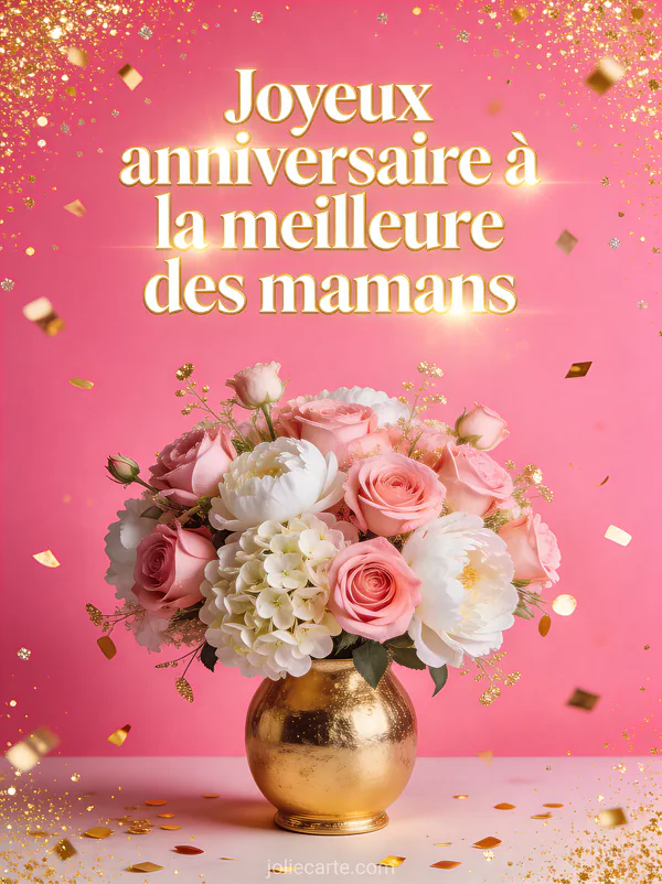 Composition de roses roses, pivoines blanches et hortensias dans un vase doré avec confettis sur fond rose festif