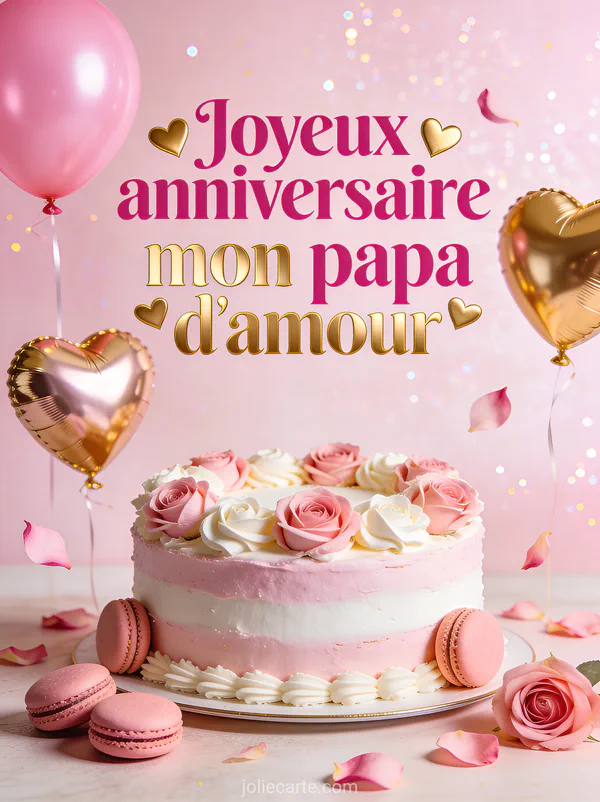 Gâteau d'anniversaire rose et blanc décoré de roses en crème avec macarons ballons cœurs et pétales de rose