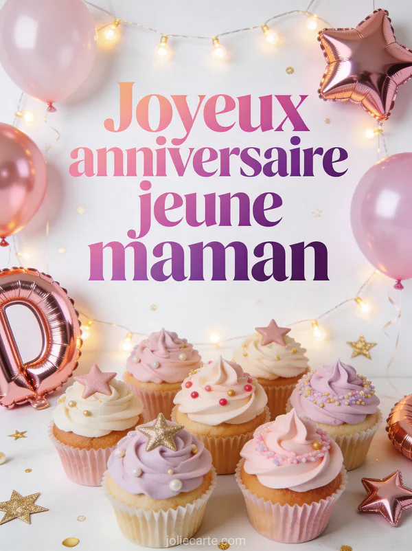 Ballons métalliques rose gold en forme d'étoiles avec guirlandes lumineuses et cupcakes pastel sur fond blanc et doré festif