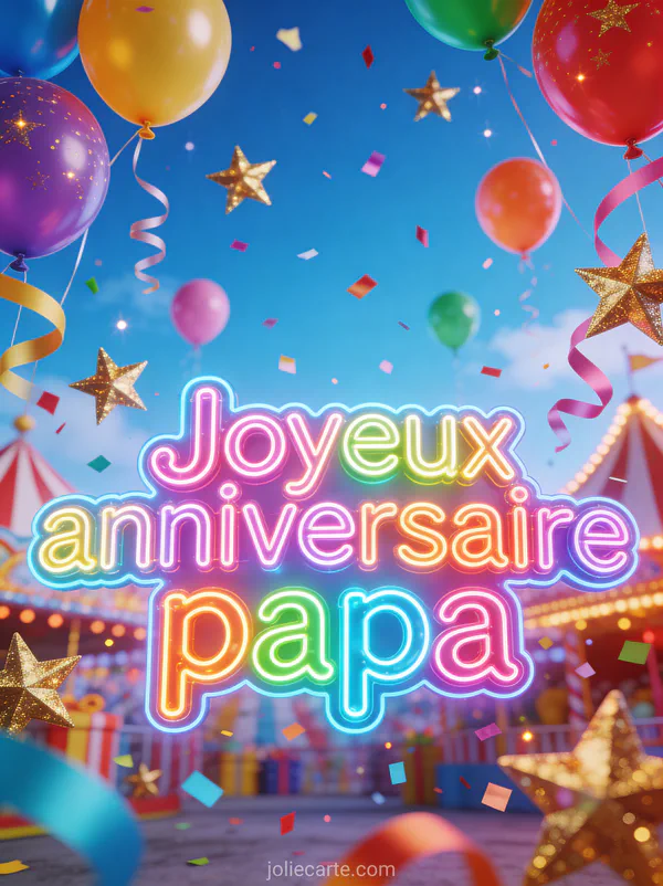 Ballons multicolores flottant dans un ciel bleu avec rubans serpentins confettis scintillants et étoiles dorées