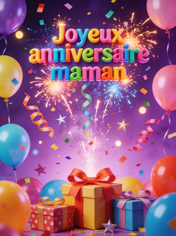 Explosion de confettis colorés avec ballons multicolores, cadeaux emballés et étoiles scintillantes sur fond violet festif